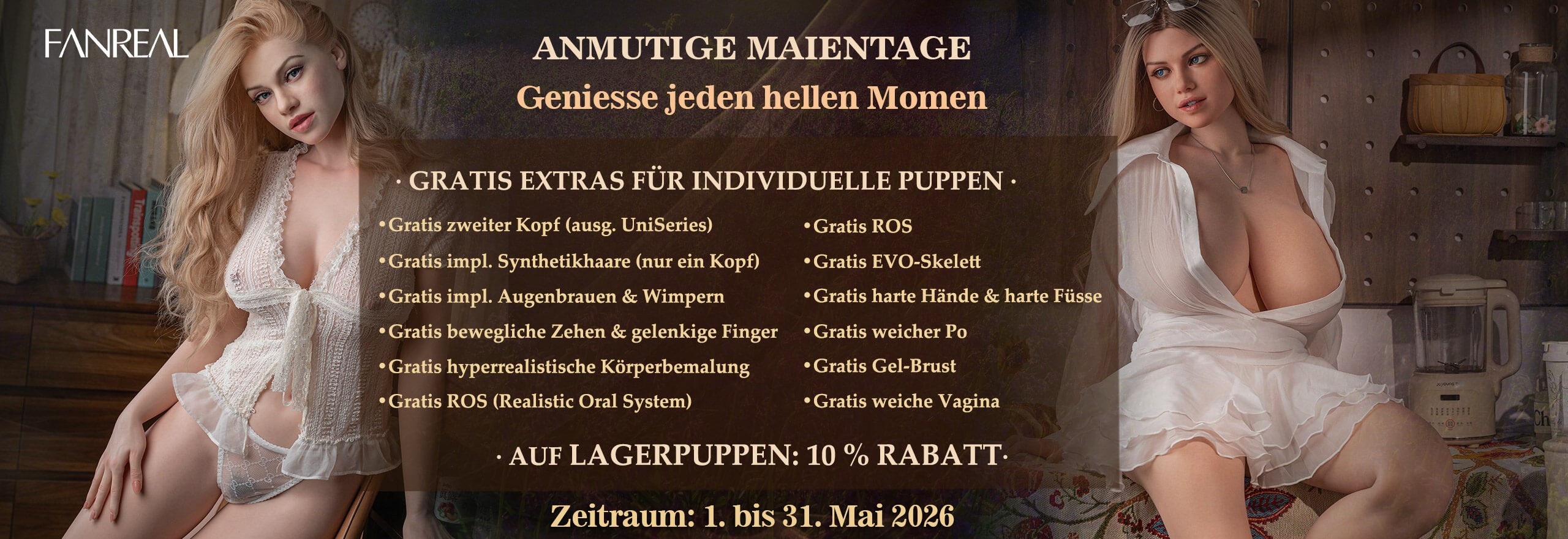 Fanreal Doll - Maienangebot: Kostenlose Premium-Upgrades für individuelle Puppen + 10 % Rabatt auf Lagerbestände (1.–31. Mai 2026). 